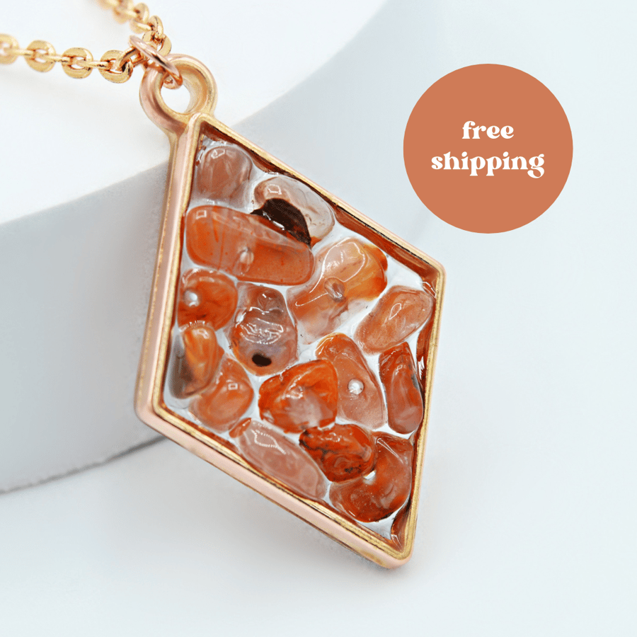 Red Orange Carnelian Diamond shaped Worry Stone Necklace - Free Postage