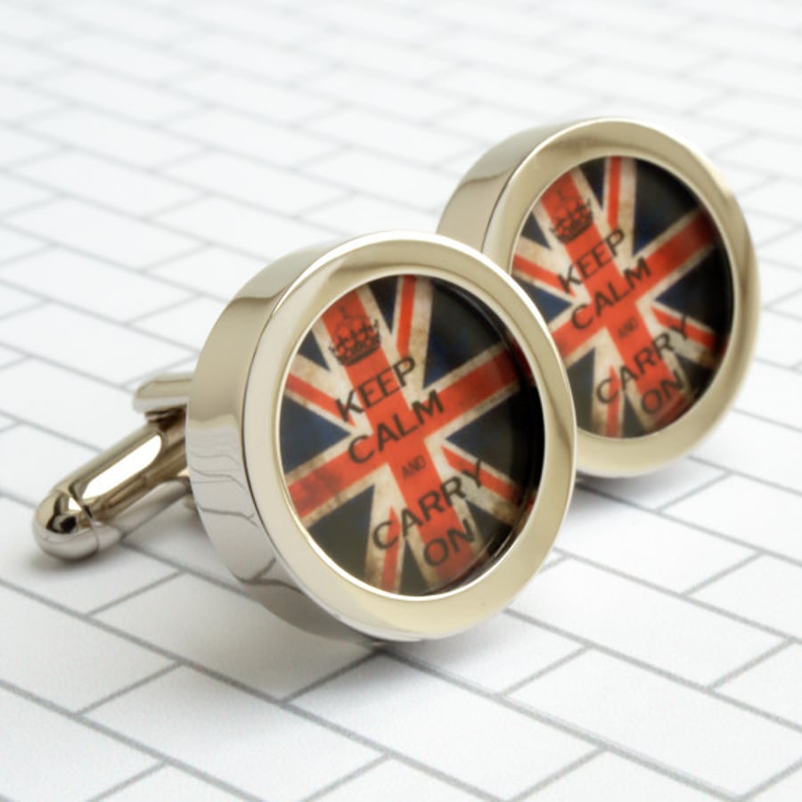 Keep Calm and Carry On Cufflinks on a Vintage Union Jack Background