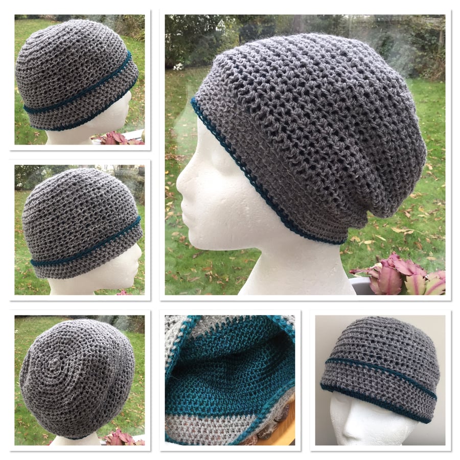 Grey and Teal! Crocheted Super Warm Slouchy or Beanie Double Layered Hat!