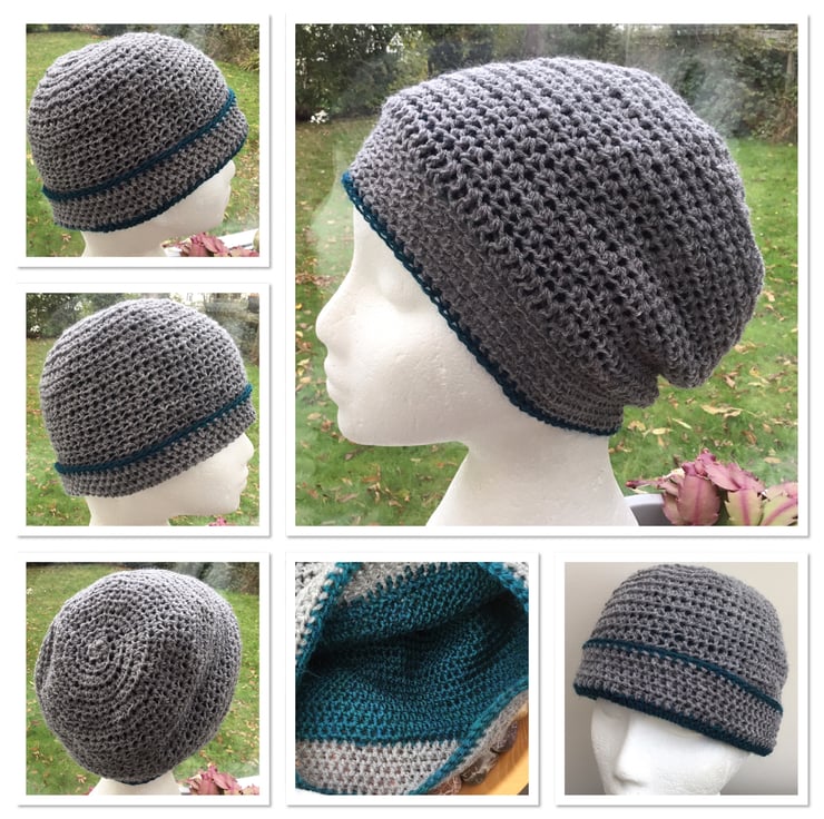 Grey and Teal! Crocheted Super Warm Slouchy or ... - Folksy