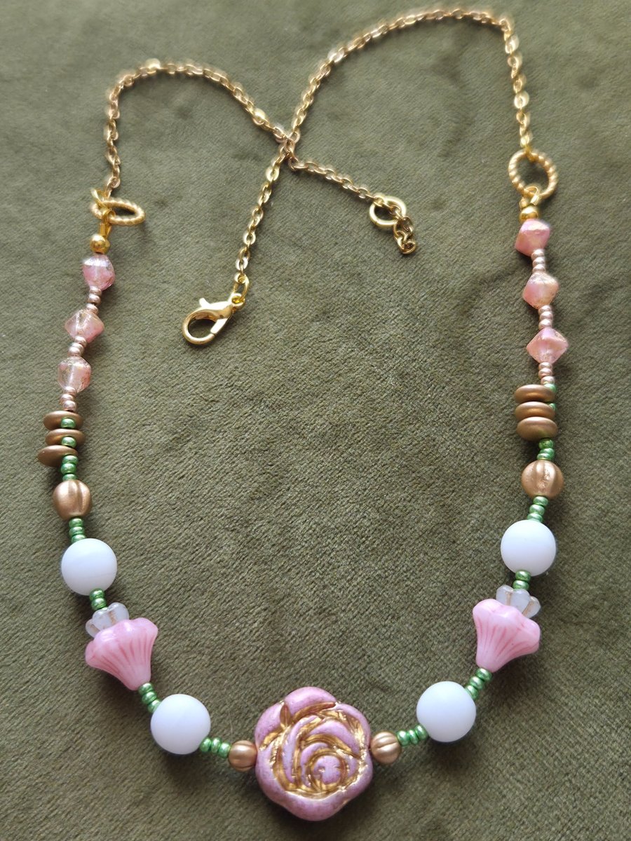 Pink Rose 20 inch Necklace  – Natural Gemstone & Czech Glass Beads