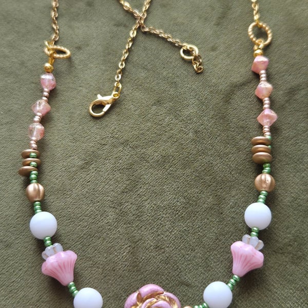 Pink Rose 20 inch Necklace  – Natural Gemstone & Czech Glass Beads