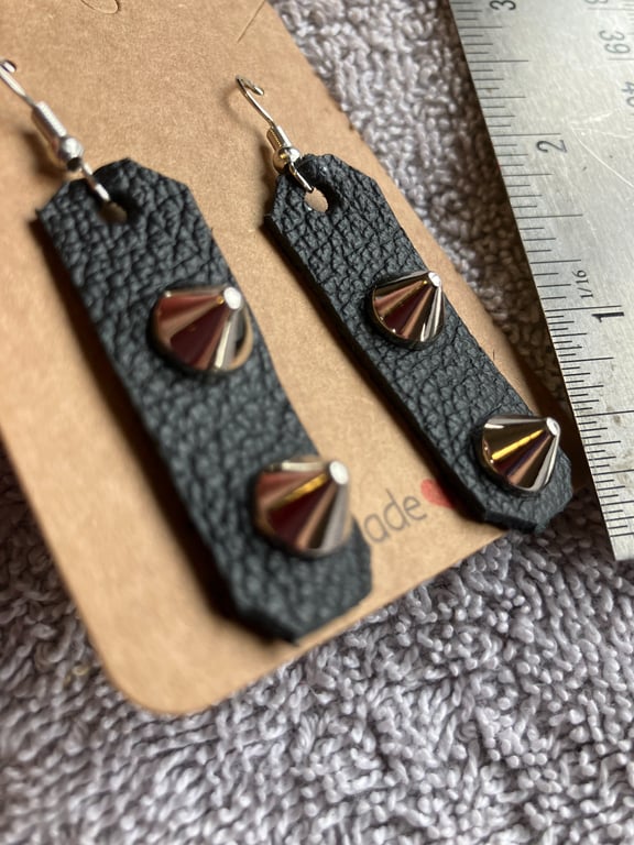 Pair Black Leather Earrings with Silver Conical Flat Spikes