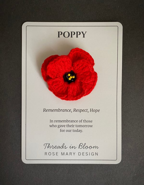 Crochet Red Poppy Brooch – Handmade Remembrance Day Flower Pin 