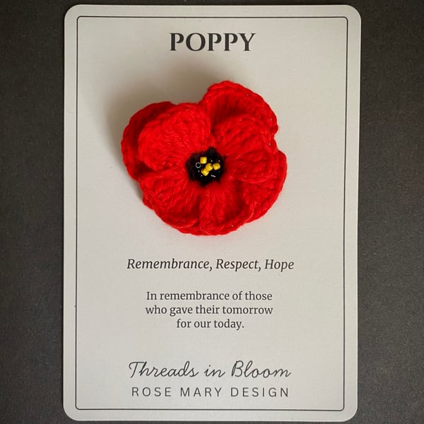 Crochet Red Poppy Brooch – Handmade Remembrance Day Flower Pin 