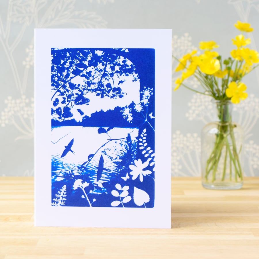 'Swallows Return', Blue Cyanotype Card, Mothers Day card