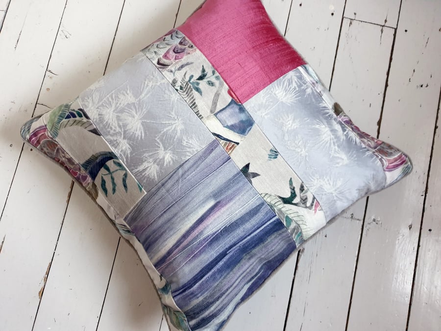 Patchwork Throw Cushion in Pink Grey Purples Made with Upholstery Remnants