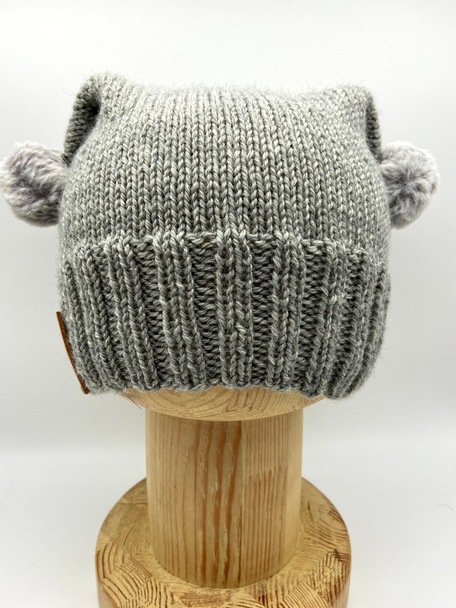 Hand Knitted pussy hat in grey with fluffy pompoms - Adult small
