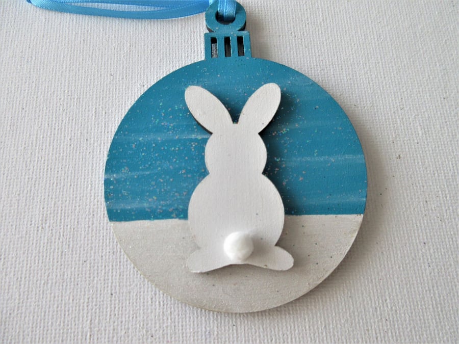 Hanging Decoration Christmas Tree Bauble Bunny Rabbit Blue White Snow Scene