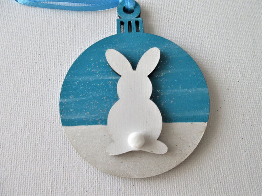 Hanging Decoration Christmas Tree Bauble Bunny Rabbit Blue White Snow Scene