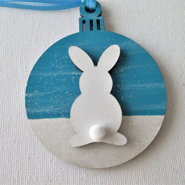 Hanging Decoration Christmas Tree Bauble Bunny Rabbit Blue White Snow Scene