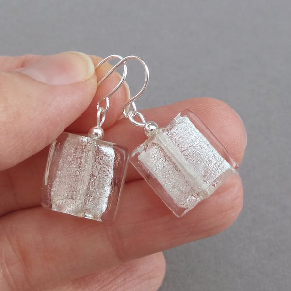Square White Fused Glass Drop Earrings - Silver Foil Lined Glass Dangle Earrings