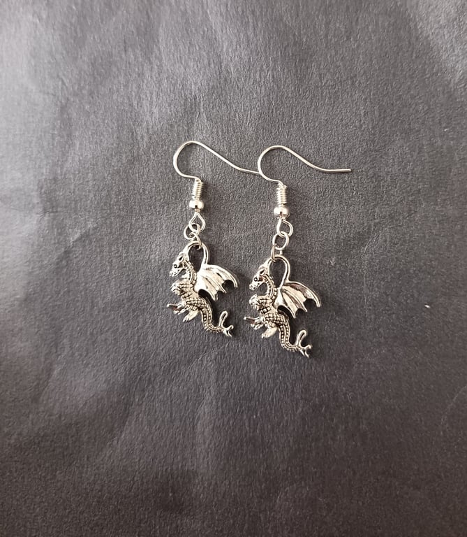 Silver dragon charm dangle earrings 
