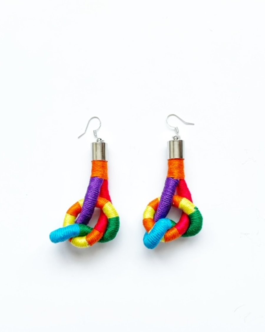 Rainbow statement earrings handcrafted with cotton yarn, Free Delivery