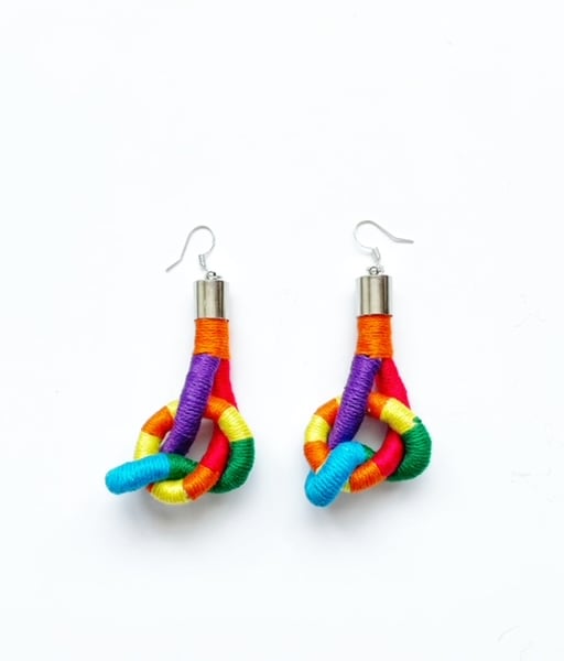 Rainbow statement earrings handcrafted with cotton yarn, Free Delivery