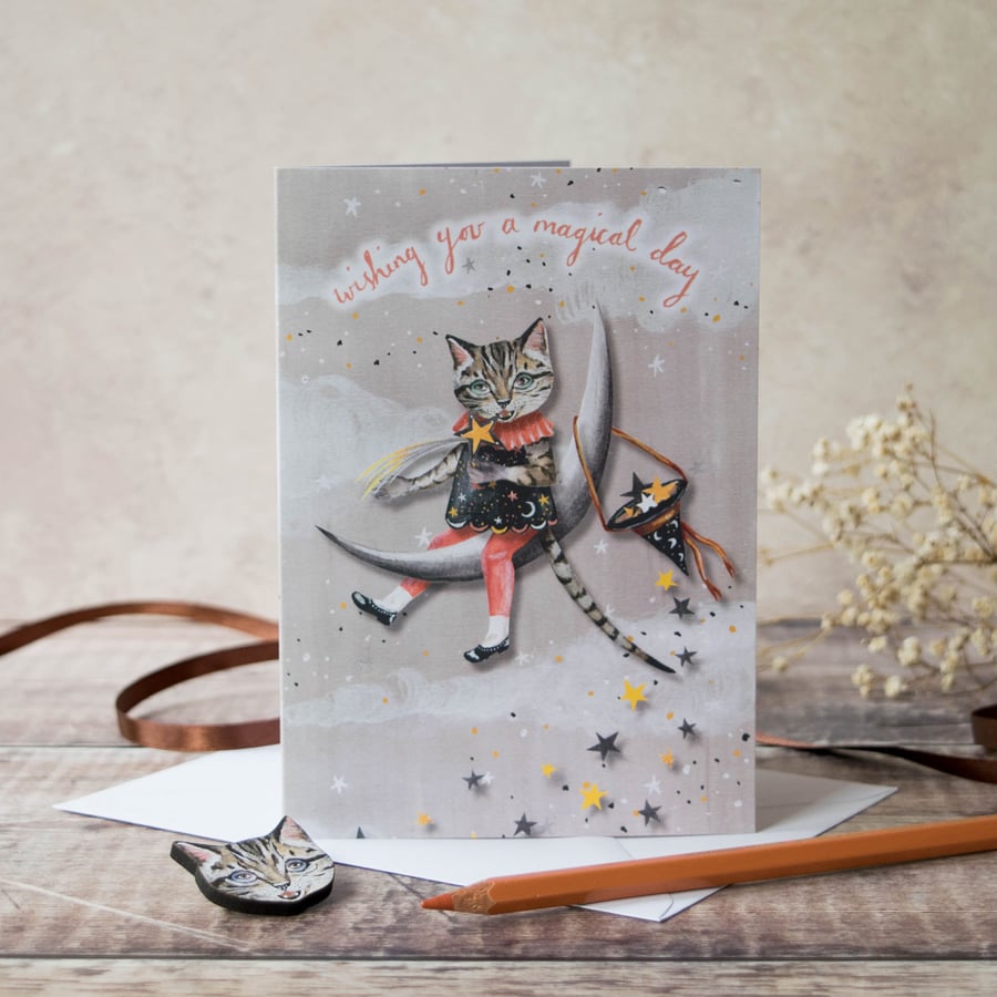 Tabby cat Birthday card- A6. Cat sat on the moon