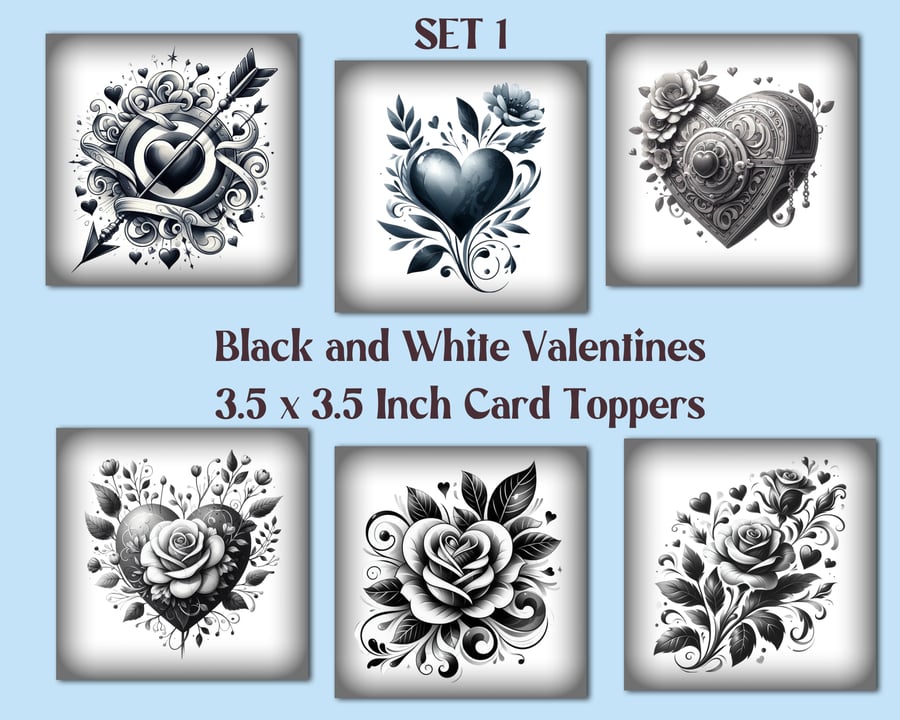 Romantic Black and White Square Card Toppers Card Making, Tags, Valentine's     