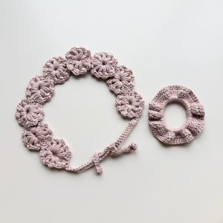 Baby Pink Crochet Floral Headband and Scrunchie Set