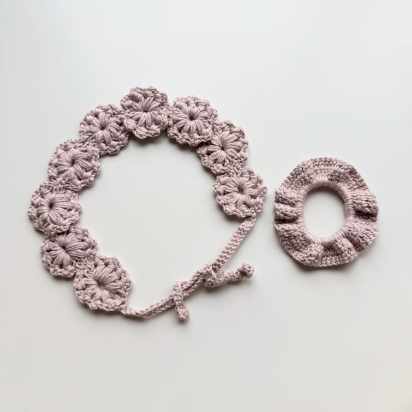 Baby Pink Crochet Floral Headband and Scrunchie Set
