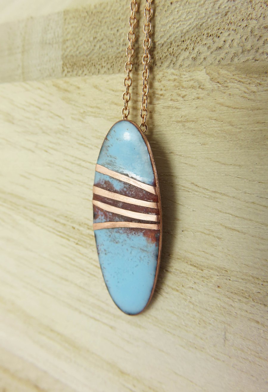 Teardrop copper and enamel pendant with wound copper detail