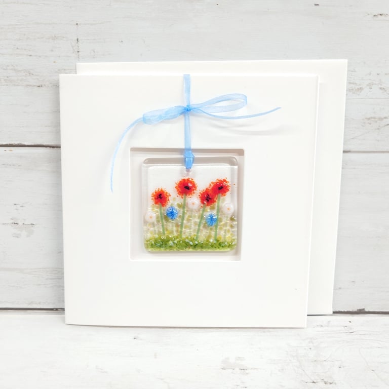Poppies Card with Handmade Fused Glass Keepsake 