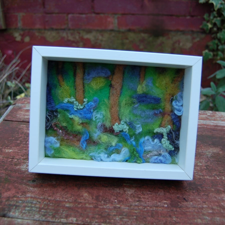 Needle felted and hand embroidered picture - Bluebell Wood