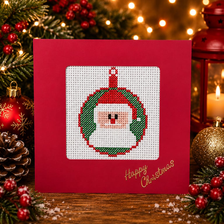 Handmade Cross Stitch Santa in Bauble Christmas Card – Red – 5 x 5 Inch