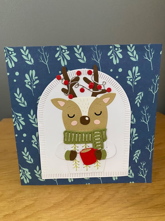 Handmade Hand Stitched Christmas Card Cosy Winter Reindeer