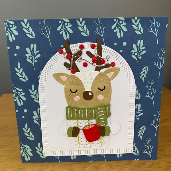 Handmade Hand Stitched Christmas Card Cosy Winter Reindeer