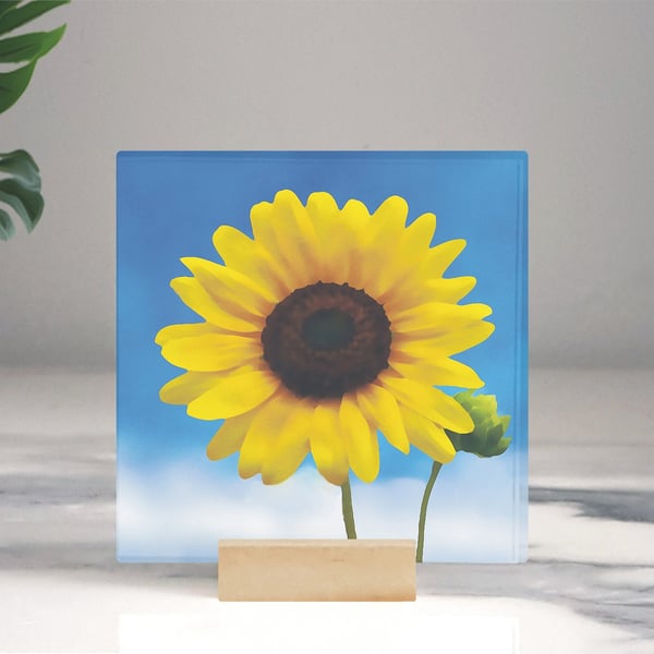 Sunflower Mini Glass Art Tile - Unique Glass Ornament - Gift For Friend