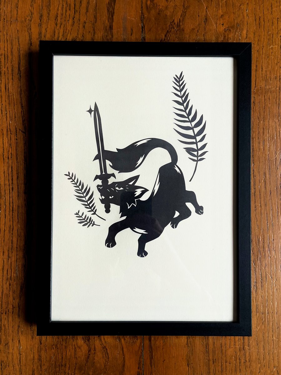 Guardian Wolf with Sword Framed Original Hand-cut Paper Cut Art by J.Pearce