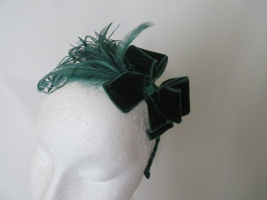 Dark Bottle Green Velvet Bow & Feather Retro Vintage Headband