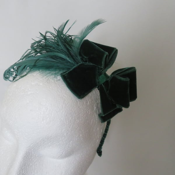 Dark Bottle Green Velvet Bow & Feather Retro Vintage Headband