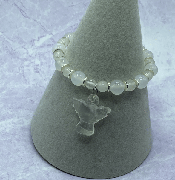 Stretchy bracelet with clear quartz, opalite and matching stone angel charm