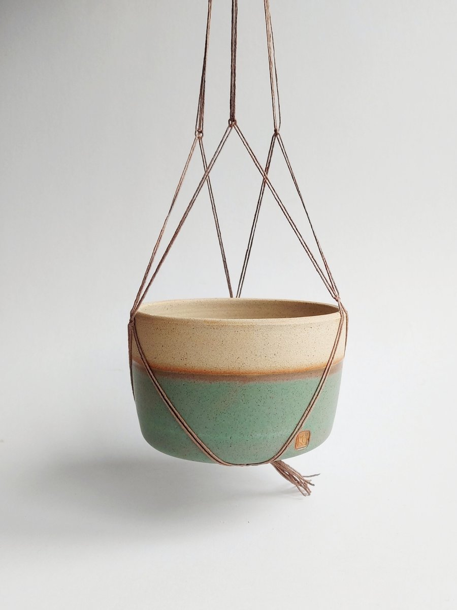 Handmade pottery stoneware hanging planter in Gardom's Green glaze 