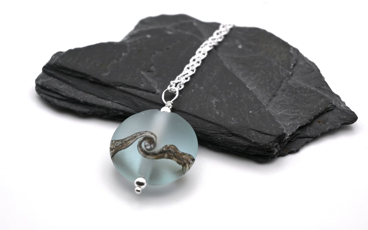 lampwork glass pendant necklace, pale blue beach
