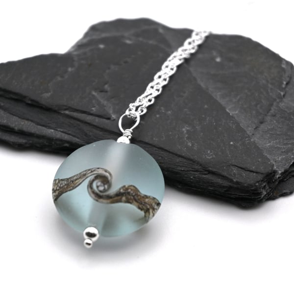 lampwork glass pendant necklace, pale blue beach