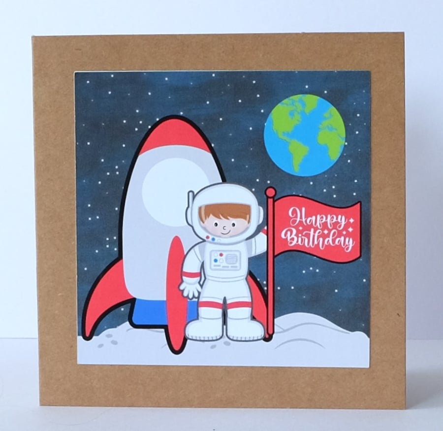 'Colourful Card' Space Themed Birthday Card: Astronaut and Rocket on Moon