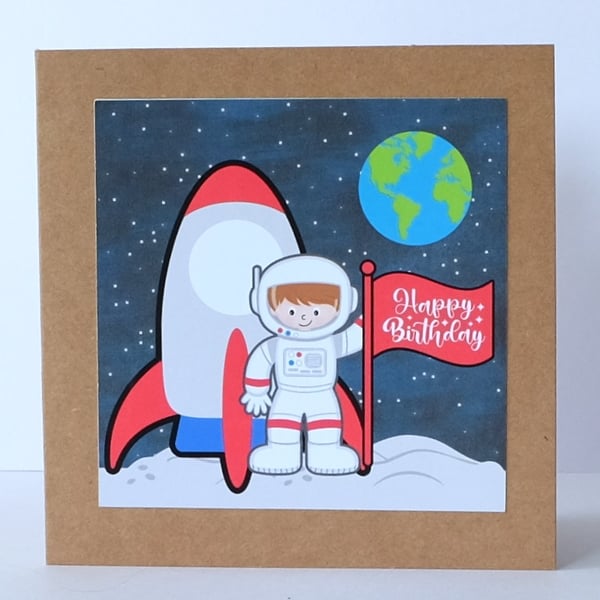 'Colourful Card' Space Themed Birthday Card: Astronaut and Rocket on Moon