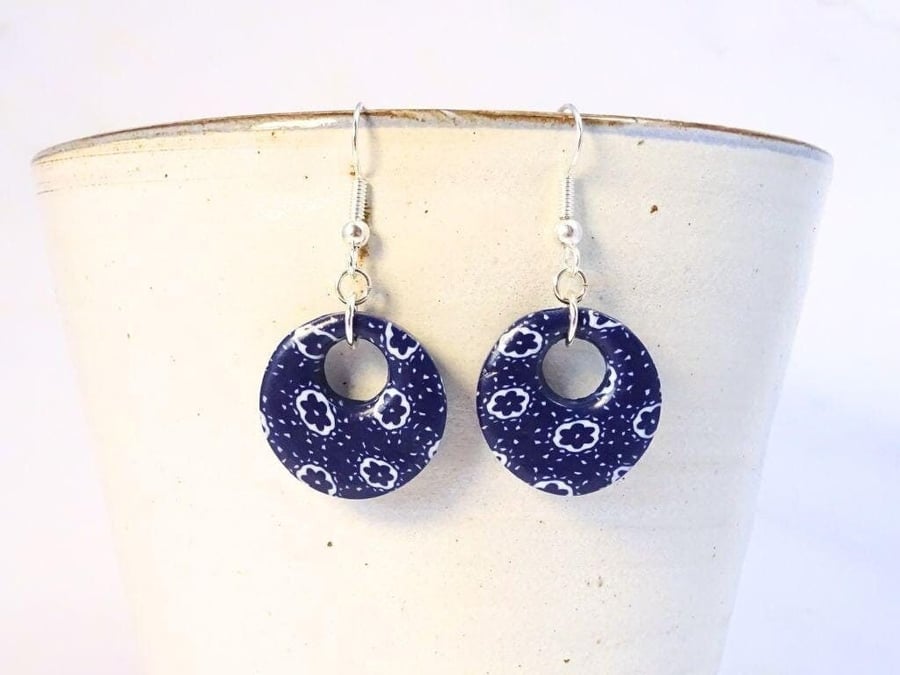 Floral Round Earrings, Blue and White Hoops, Flower and Polka Dot Pattern