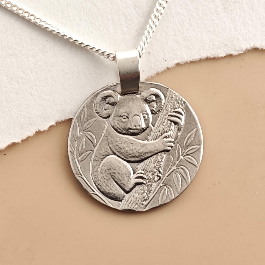 Koala Engraved Sterling Silver Coin Necklace