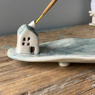 Handmade Ceramic Incense Stick Holder with Tiny House