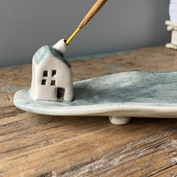 Handmade Ceramic Incense Stick Holder with Tiny House