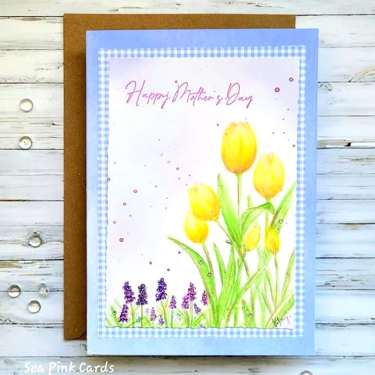 Mother's Day Card original handpainted  - yellow tulips, gingham
