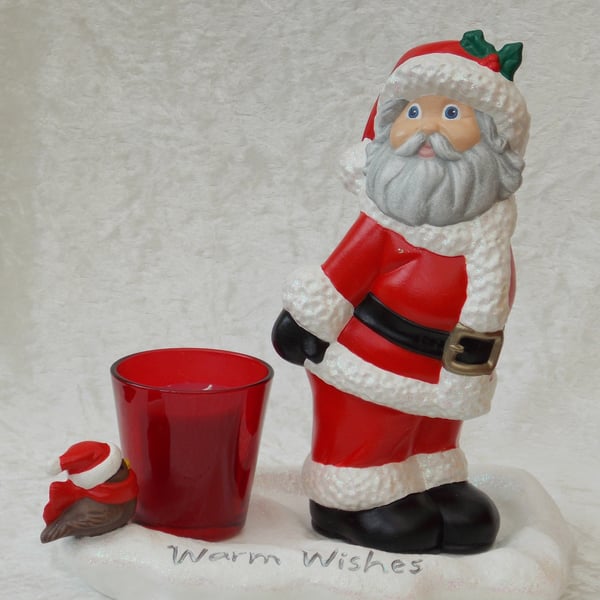 Ceramic Red Xmas Father Christmas Santa Candle Tea Light Ornament Decoration.