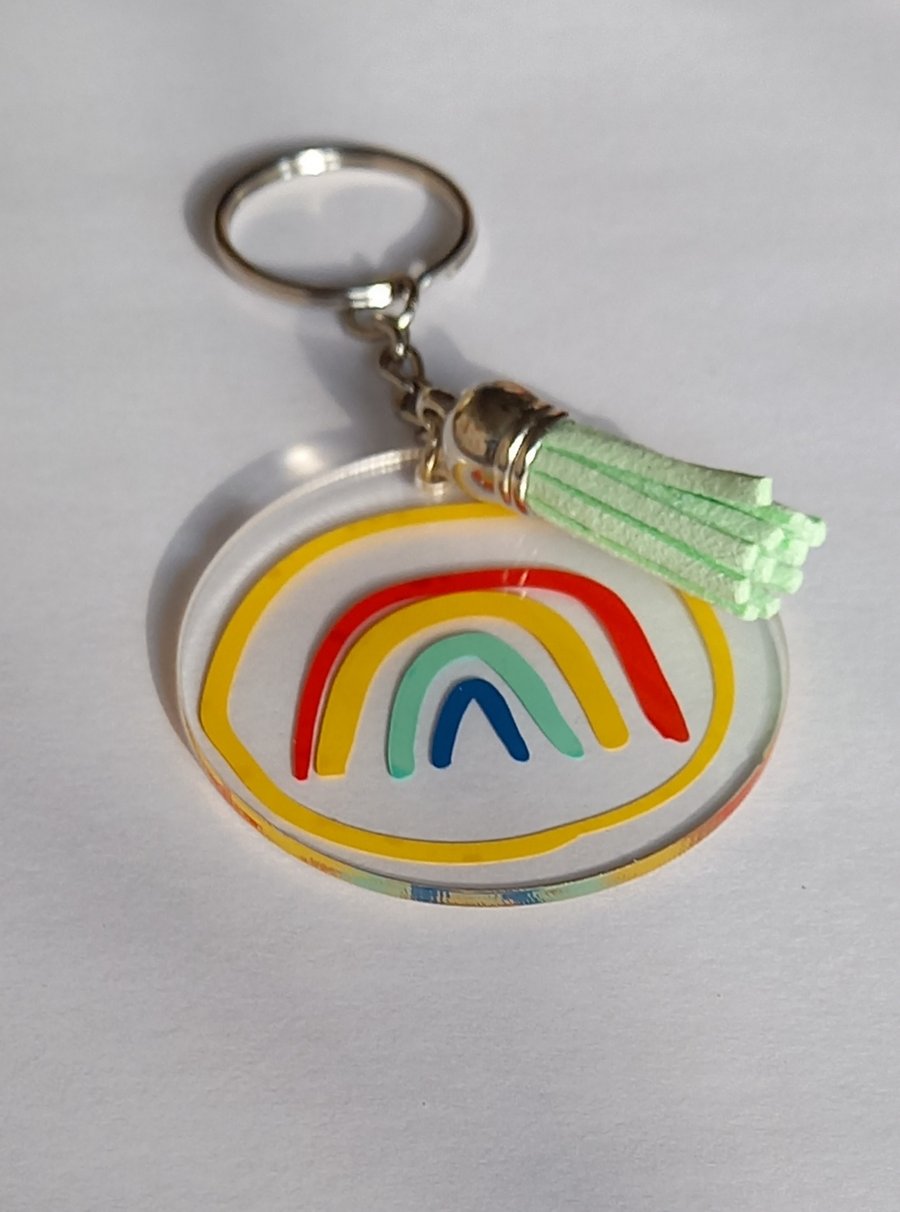 Rainbow Keyring with tassel, Plastic Keyring with Rainbow doodle 