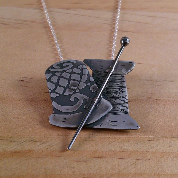 Sterling Silver Thimble, Cotton Reel and Sewing Pin Necklace