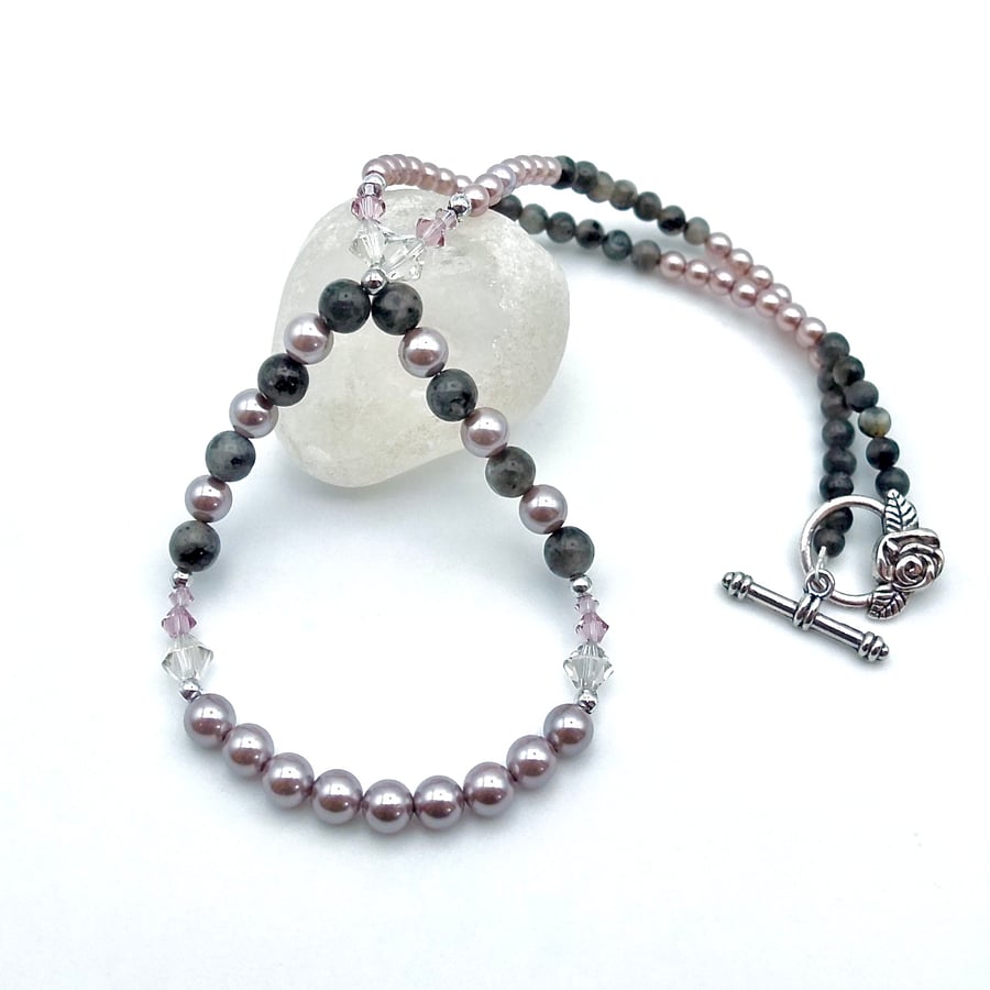 Pearl, Larvikite & Swarovski Crystal Necklace, Birthday Anniversary Gift For Her