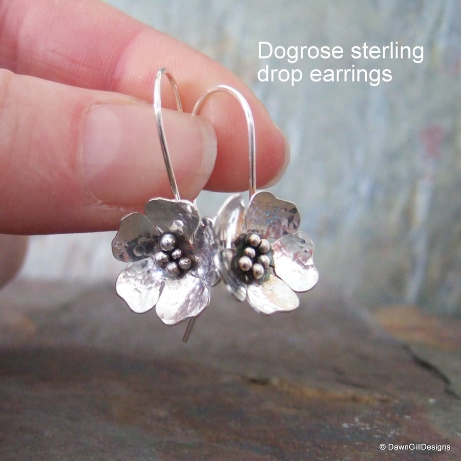 Sterling silver dog rose drop earrings