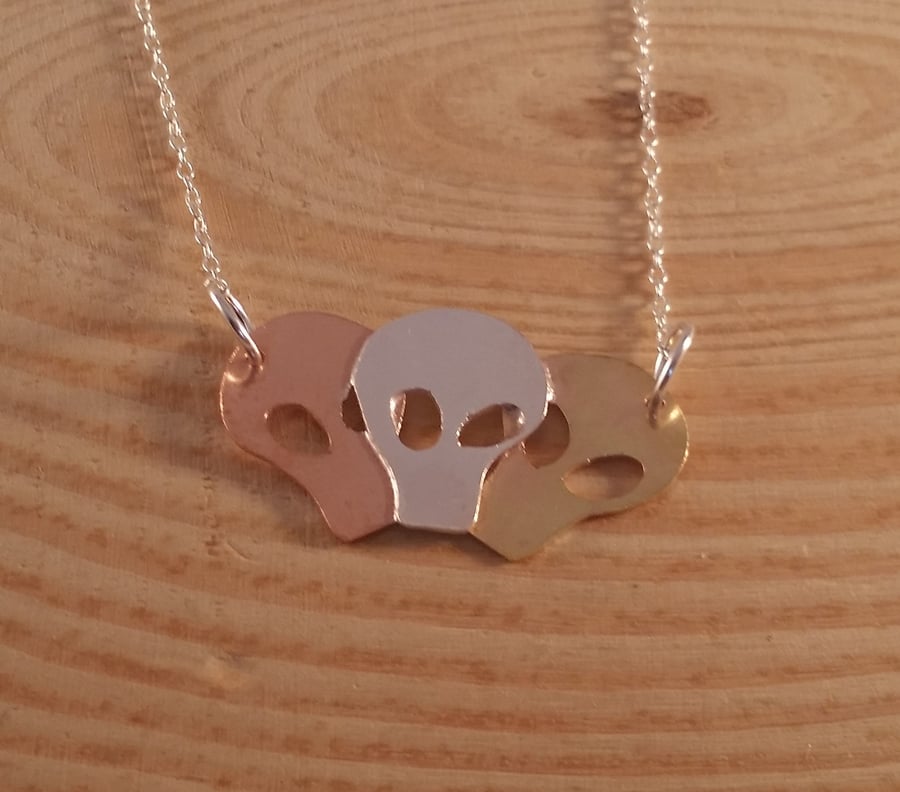 Sterling Silver, Copper and Brass Triple Skull Necklace